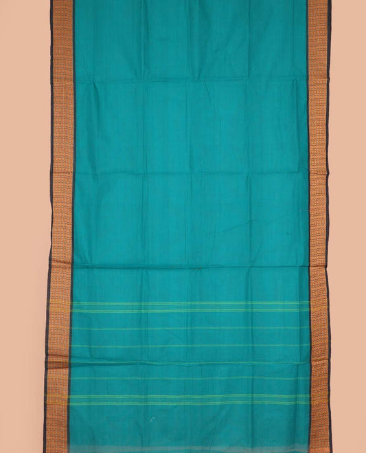 Blue plain nine-yard cotton saree, contrast rudraksham border, and striped pallu