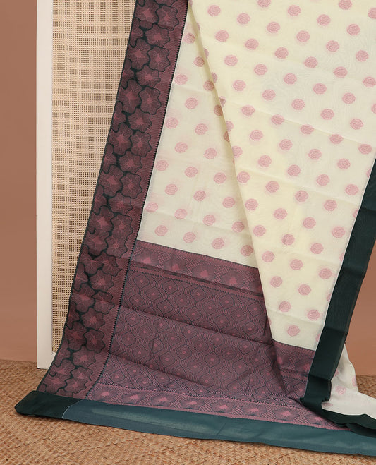 Sandal rose motifs semisilk cotton saree, contrast floral border, and ogee patterned pallu