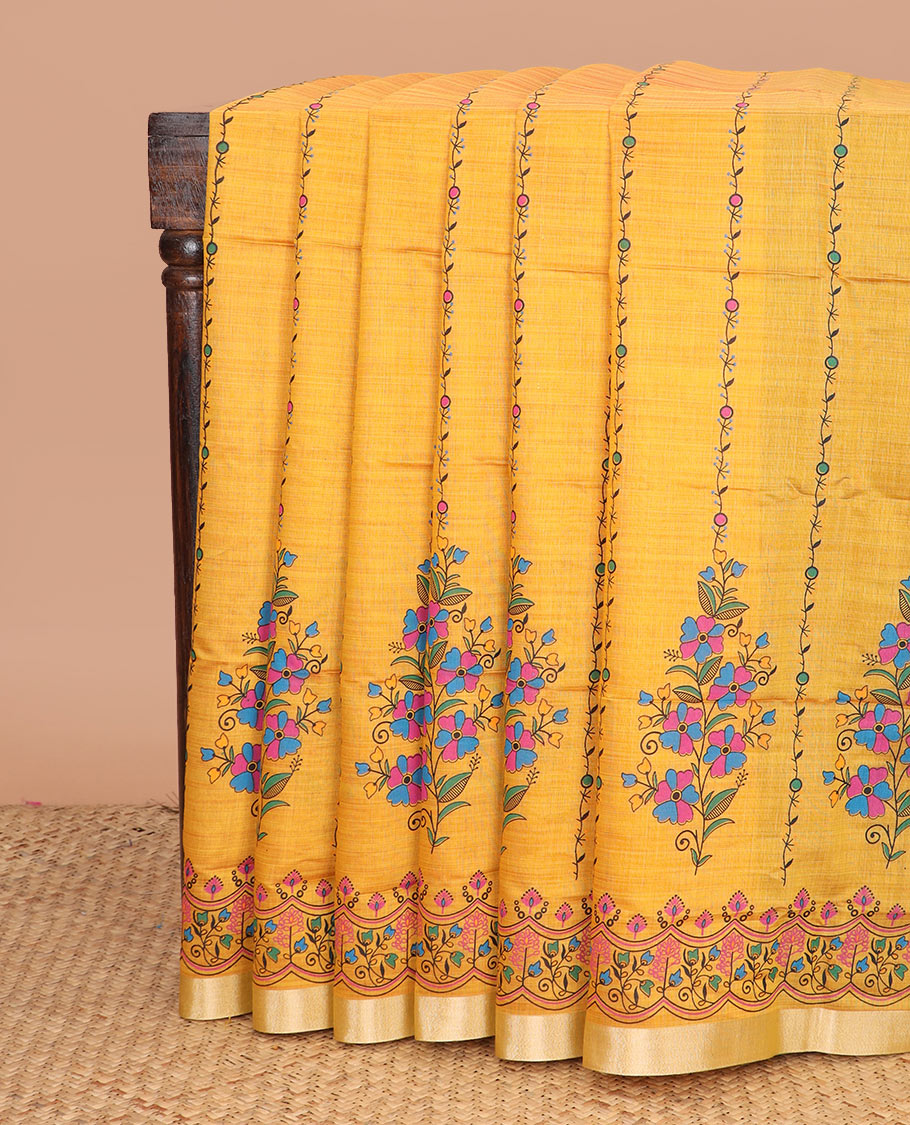 Mustard floral vine printed chirala cotton saree, bavanji border, and contrast floral vine print pallu