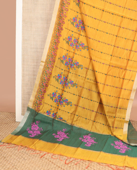 Mustard floral vine printed chirala cotton saree, bavanji border, and contrast floral vine print pallu
