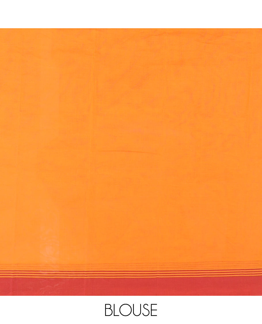 Orange peacock buttas kanchi cotton saree, contrast plain border, and paisley motif pallu