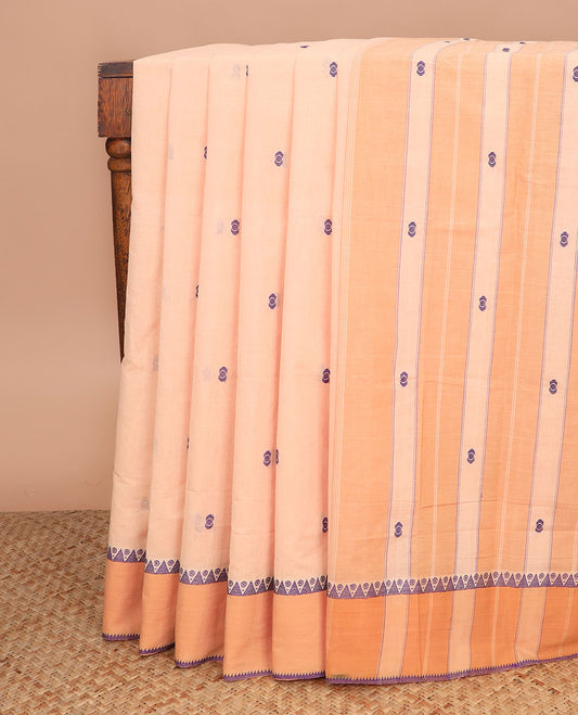 Orange buttas Andhra cotton saree, contrast temple border, and pallu of stripes and buttas