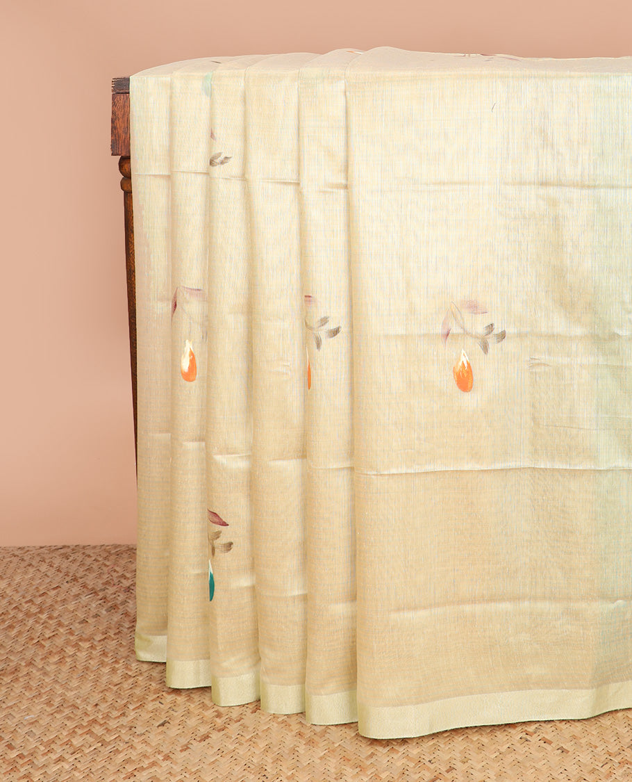 Beige hand brush painting style floral printed chirala cotton saree, plain border, and contrast floral printed pallu