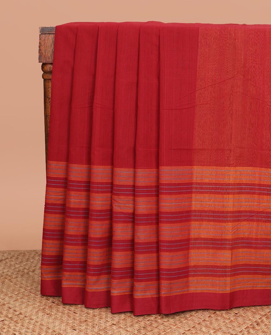 Red plain Mangalgiri cotton saree, striped border, contrast striped pallu, and contrast striped blouse