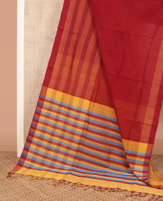 Red plain Mangalgiri cotton saree, striped border, contrast striped pallu, and contrast striped blouse