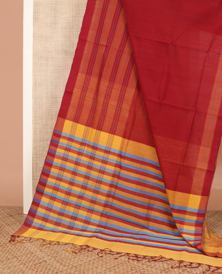 Red plain Mangalgiri cotton saree, striped border, contrast striped pallu, and contrast striped blouse