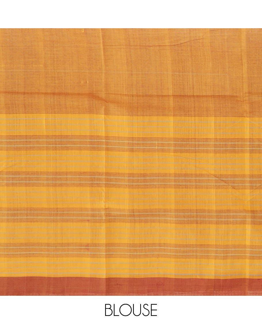 Red plain Mangalgiri cotton saree, striped border, contrast striped pallu, and contrast striped blouse
