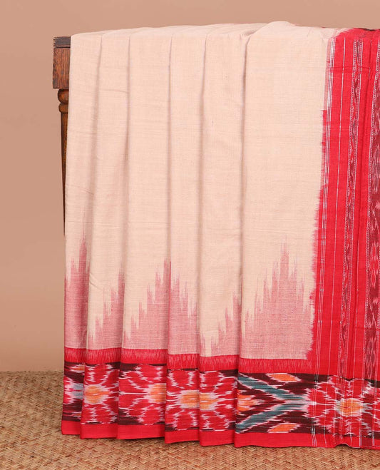 Sandal plain ikkat cotton saree, contrast temple ikkat border, and pallu of ikkat designs