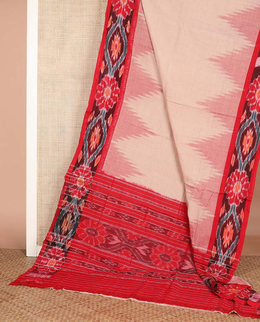 Sandal plain ikkat cotton saree, contrast temple ikkat border, and pallu of ikkat designs