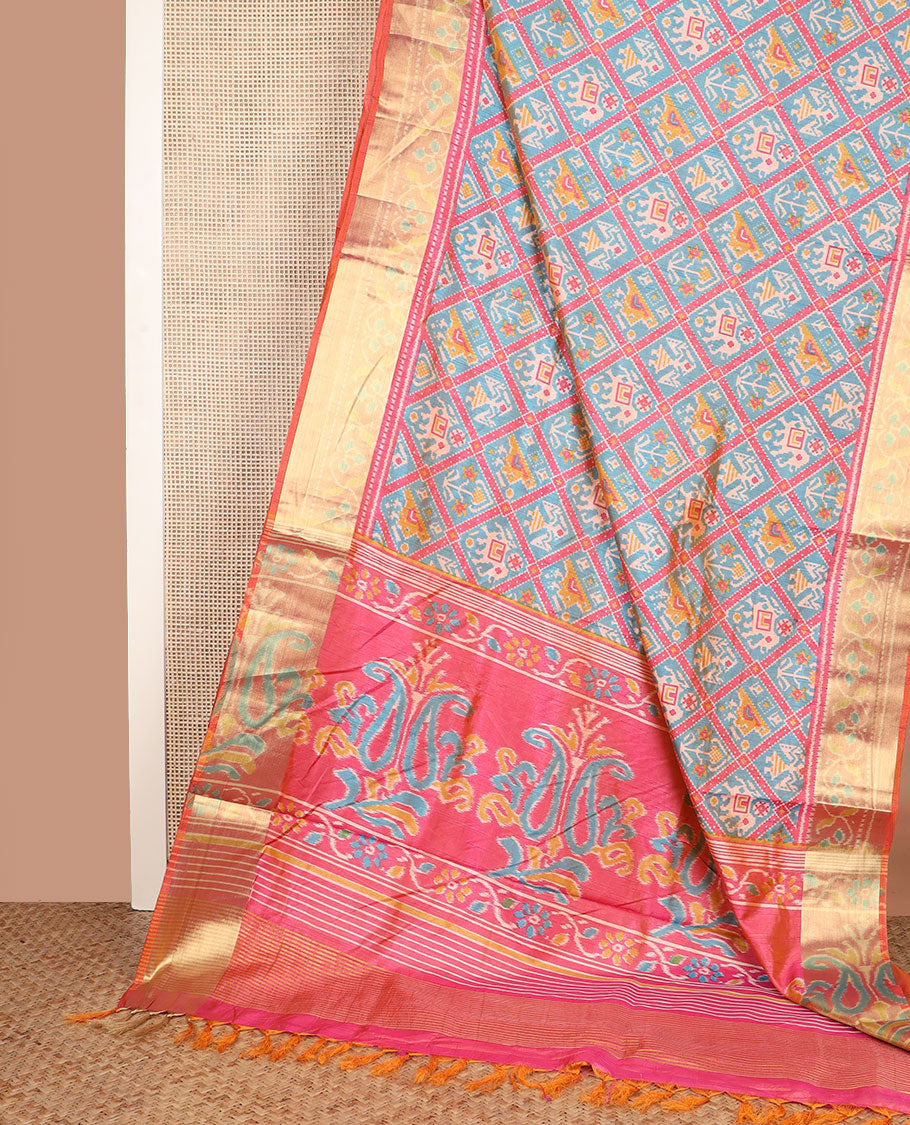 Blue unique motifs enclosed jaal design patola silk saree, contrast zari border, and pallu of paisley designs