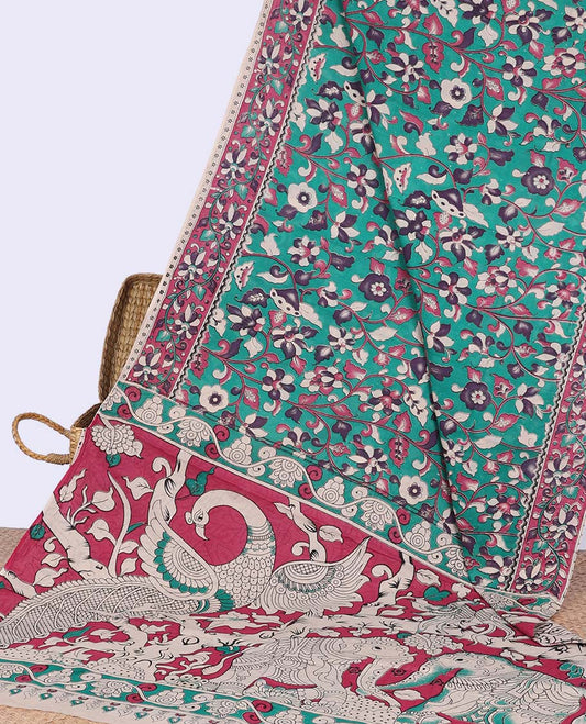 Green floral vine design machine-printed kalamkari cotton saree ,contrast floral border & peacock design pallu