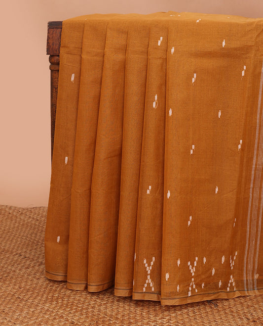 Borderless mustard buttas bengal cotton saree, self-pallu of stripes & buttas