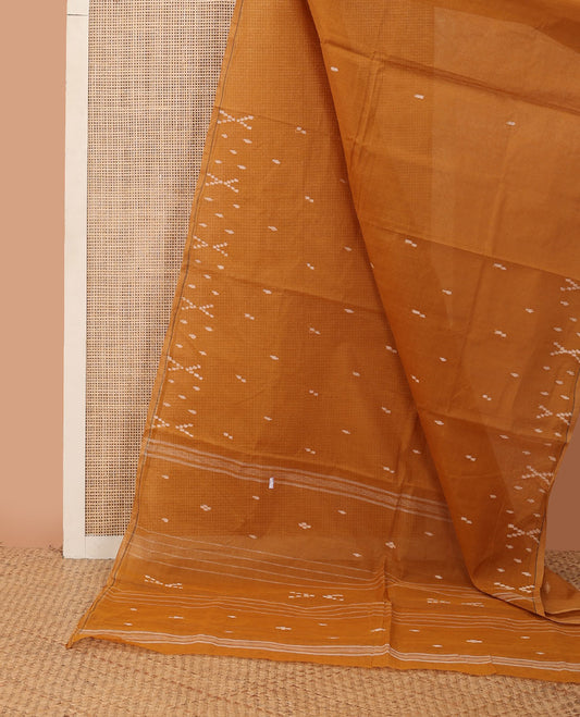 Borderless mustard buttas bengal cotton saree, self-pallu of stripes & buttas