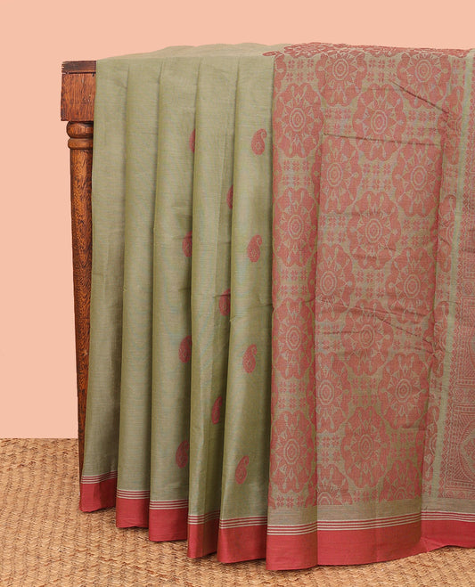 Green Kanchi Cotton Saree, Elevated with Paisley Buttas All Over Its Body, Complemented by Contrast Border, Pallu Adorned with Intricate Designs, and Paired with a Matching Blouse