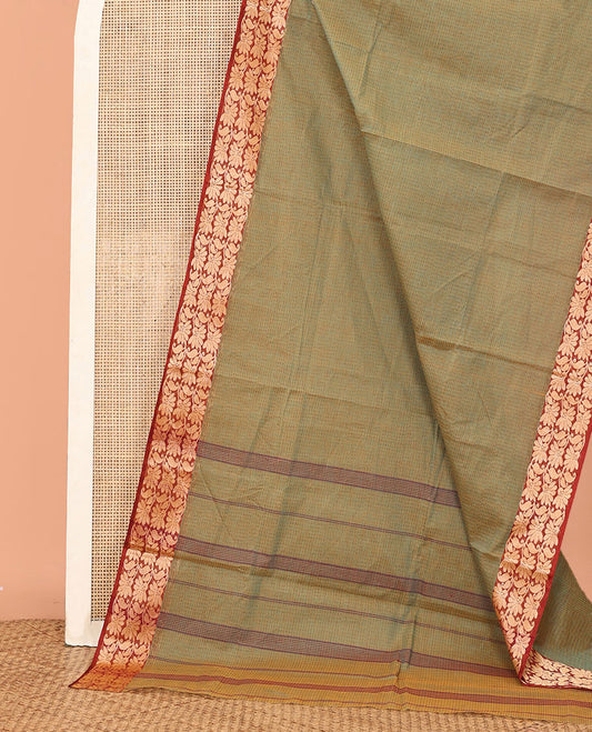 Green Sparsely Woven Bengal Cotton Saree, a Contrast Paisley Creeper Border, Self-Pallu, and No Blouse