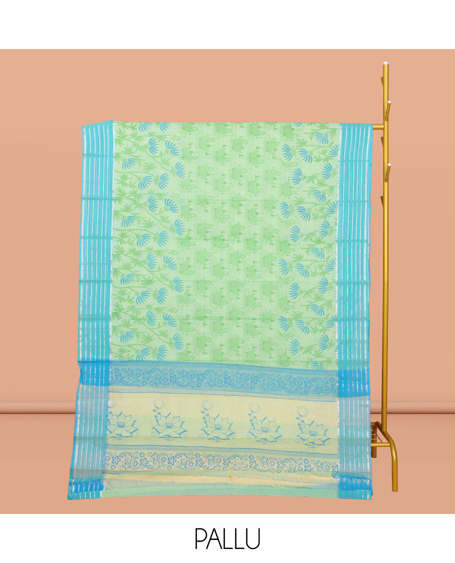 Mint Green Chirala Cotton Saree, Decked Up with Swan and Floral Print, Contrast Striped Border, Floral Printed Pallu, and a Matching Blouse