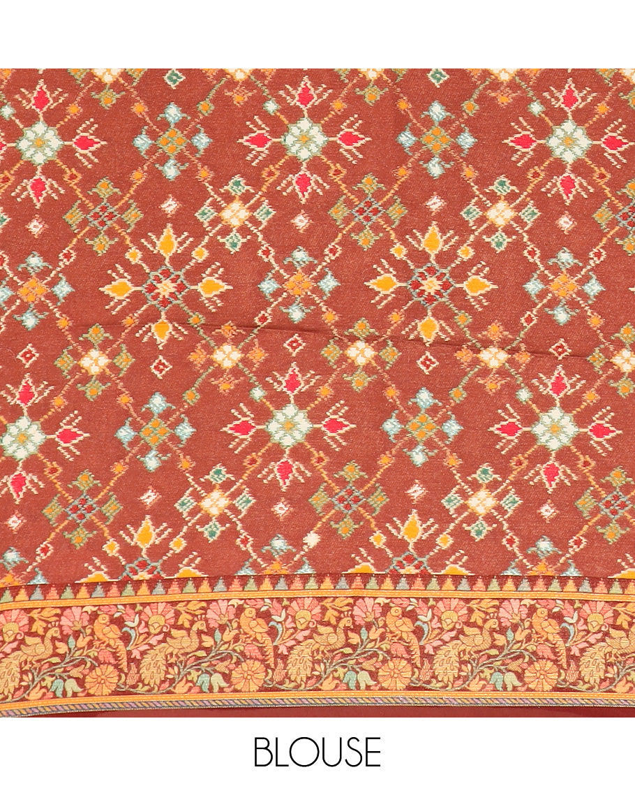 Brown ikkat design printed dola silk saree, floral vine, and peacock border, and jaal pallu