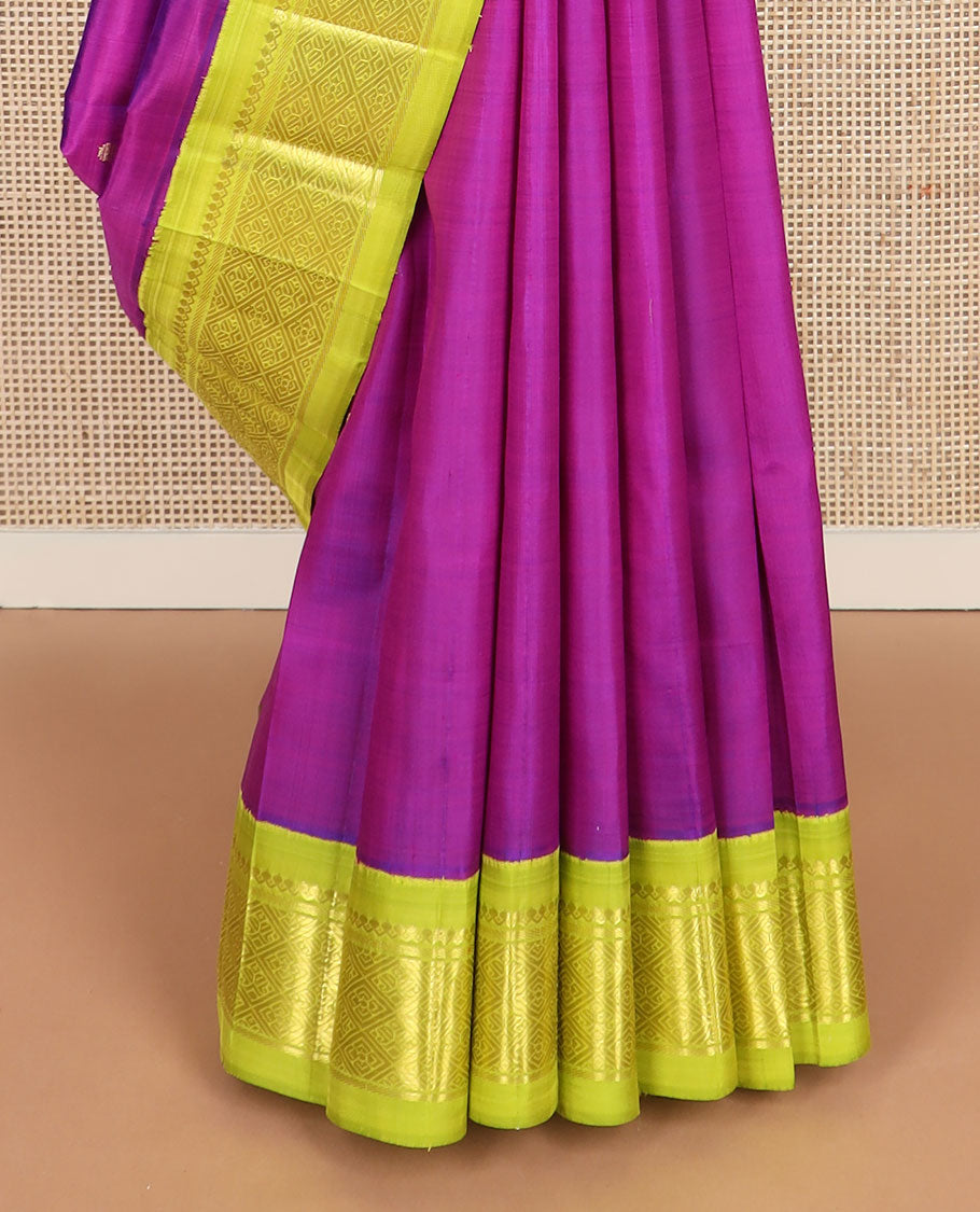Purple zari buttas kanchipuram silksaree, contrast one-sided korvai border of salngai,banaras, & jaal design & zari design pallu