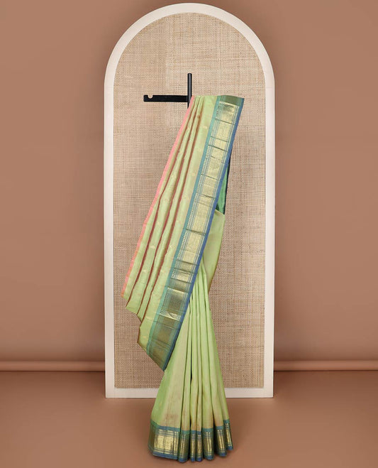 Green zari buttas kanchipuram silk saree, contrast one-sided korvai border of panner sombu,banaras,muthu & jaal & zari design pallu