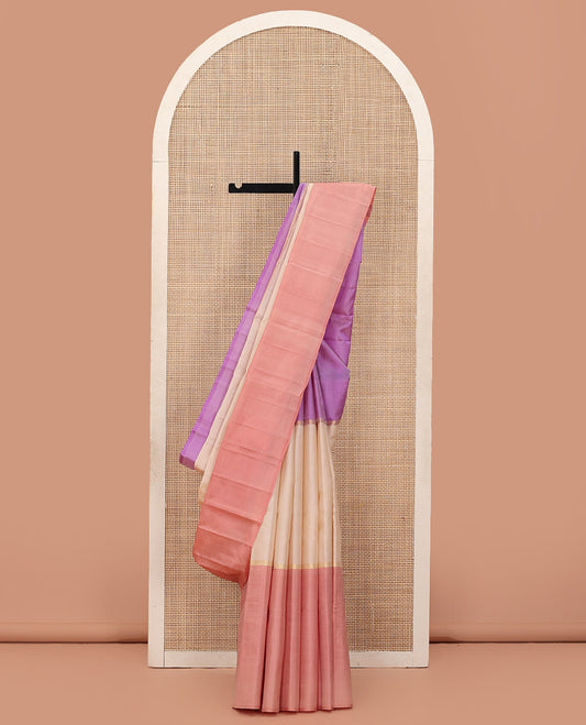 Borderless Purple-Ivory-Peach Kanchipuram Silk Saree with Three-Part Tri-Colors and Horizontal Zari Stripes, Saree Paired with a Matching Blouse