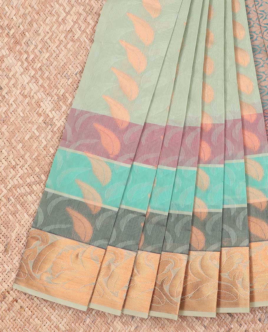 Green leaf motifs kora cotton saree with contrast zari design border & pallu of ogee design