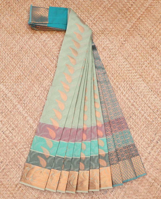 Green leaf motifs kora cotton saree with contrast zari design border & pallu of ogee design
