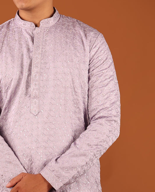 Light Lavender Sequins and Thread Embroidered Full-Sleeved Men's Kurta