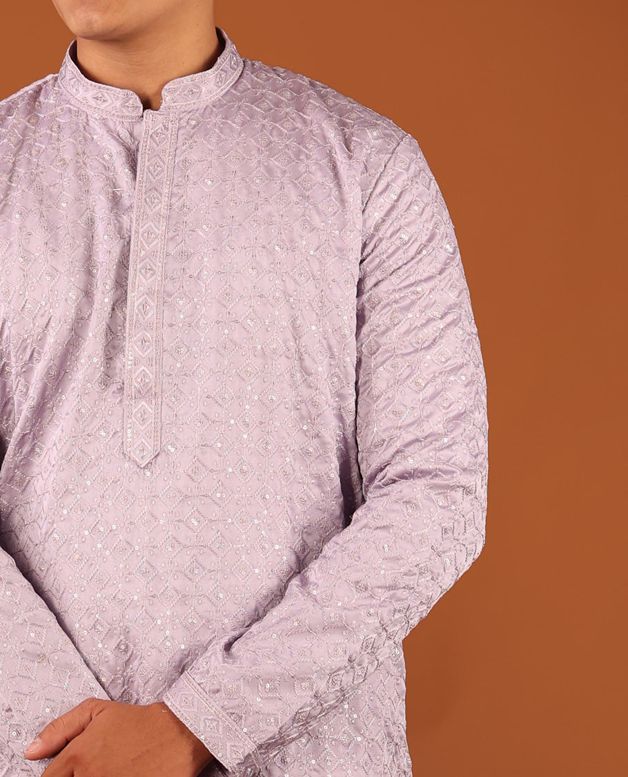 Light Lavender Sequins and Thread Embroidered Full-Sleeved Men's Kurta
