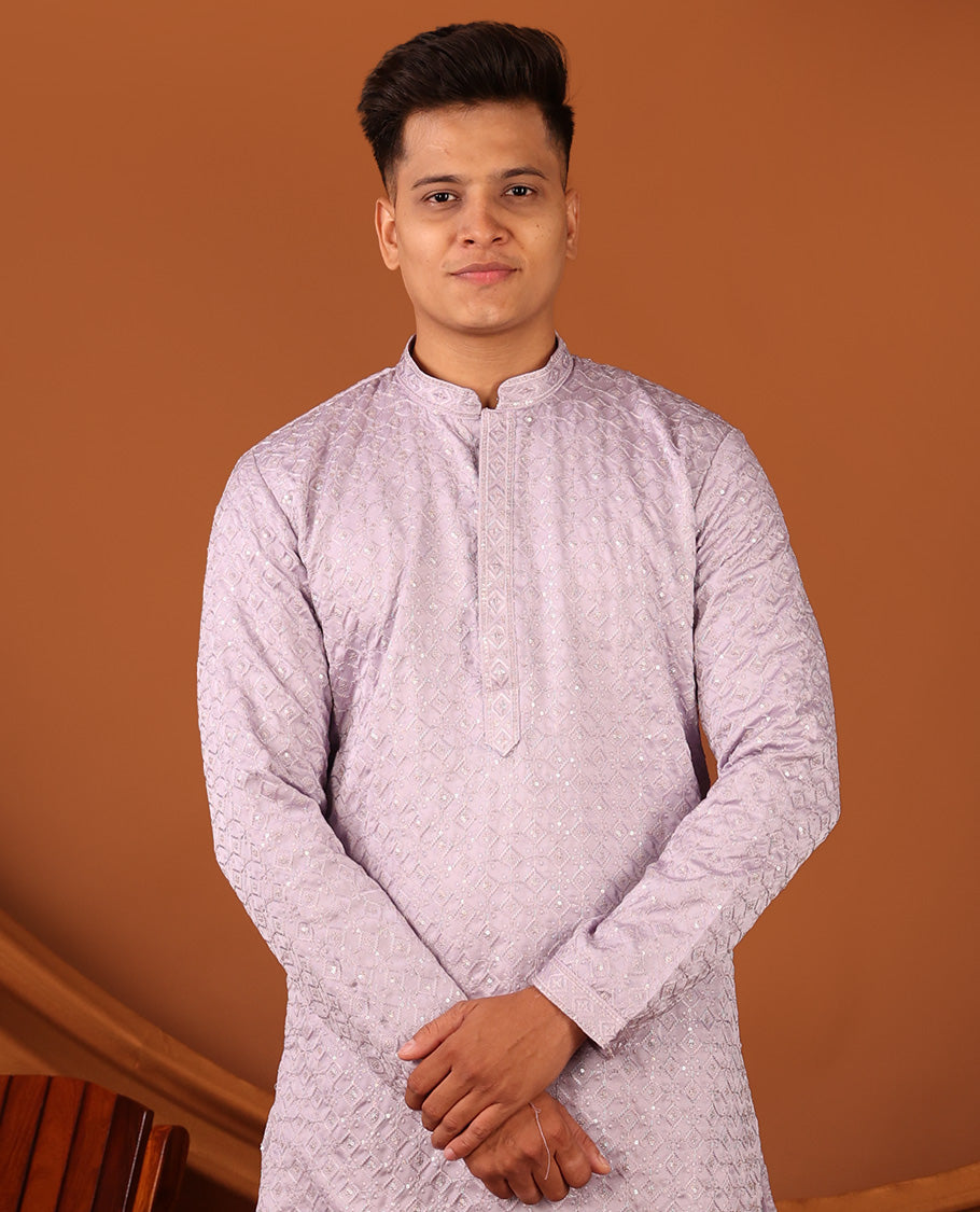Light Lavender Sequins and Thread Embroidered Full-Sleeved Men's Kurta