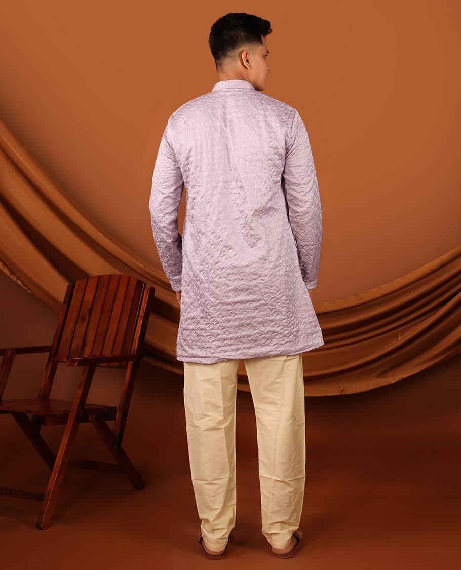 Light Lavender Sequins and Thread Embroidered Full-Sleeved Men's Kurta