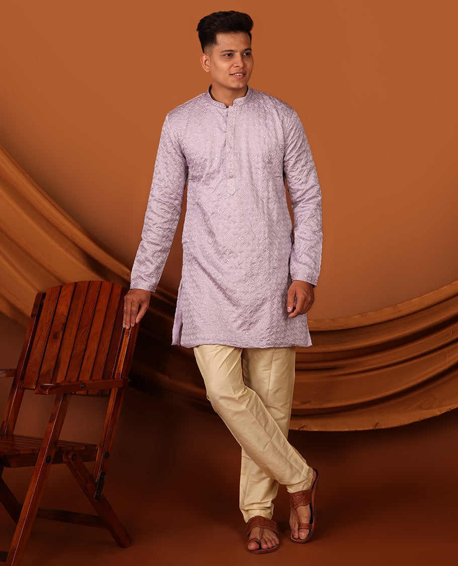 Light Lavender Sequins and Thread Embroidered Full-Sleeved Men's Kurta