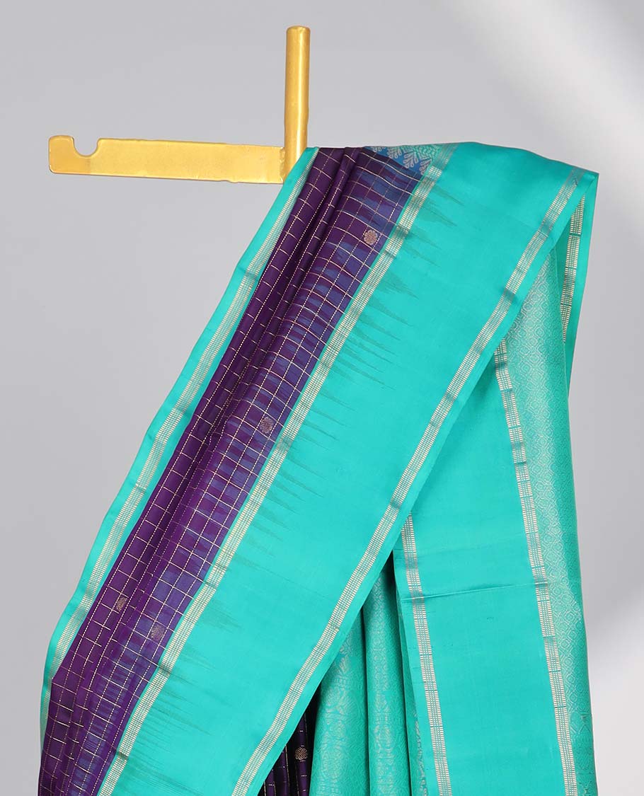 Violet checked soft silk saree with contrast zari border & floral zari design pallu