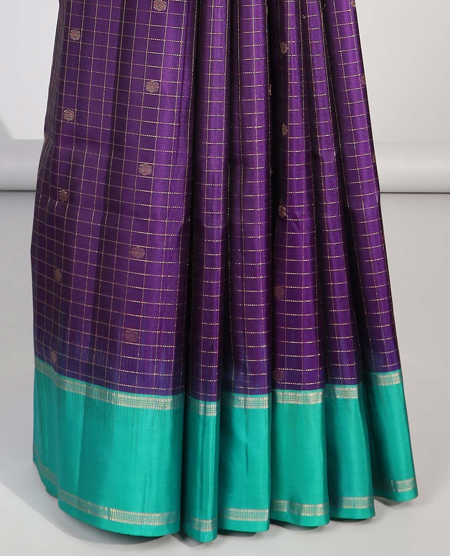 Violet checked soft silk saree with contrast zari border & floral zari design pallu