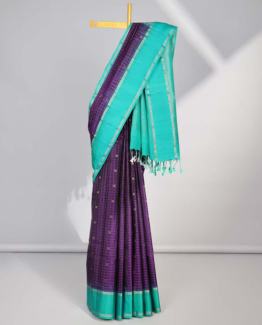 Violet checked soft silk saree with contrast zari border & floral zari design pallu