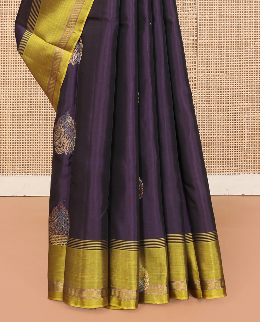 Dark Eggplant Purple Mayuri Lite Silk Mix Saree, Woven with Zari Buttas, Complemented by a Contrast Zari Butta Woven Border, Grand Pallu, and a Contrast Blouse