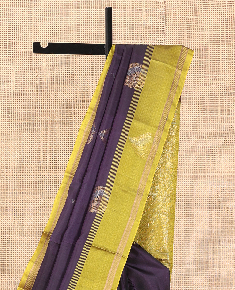 Dark Eggplant Purple Mayuri Lite Silk Mix Saree, Woven with Zari Buttas, Complemented by a Contrast Zari Butta Woven Border, Grand Pallu, and a Contrast Blouse