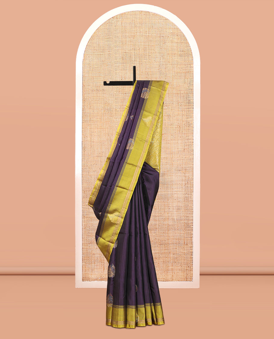 Dark Eggplant Purple Mayuri Lite Silk Mix Saree, Woven with Zari Buttas, Complemented by a Contrast Zari Butta Woven Border, Grand Pallu, and a Contrast Blouse