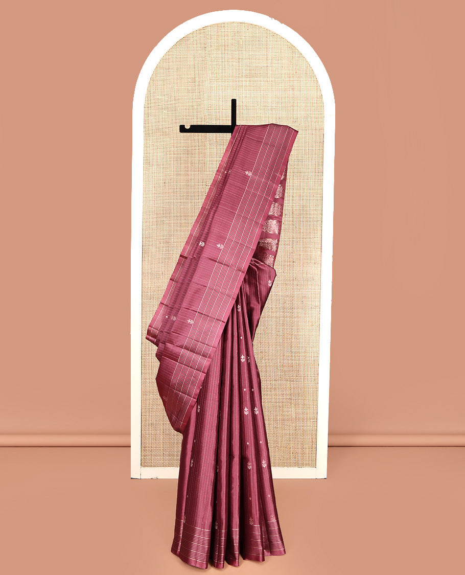 Rosewood Pink Mayuri Soft Silk Saree, Entralled with Zari Buttas and Stripes All Over Its Body, Highlighted by Zari Striped Border, Intricately Designed Pallu and Paired with a Matching Blouse