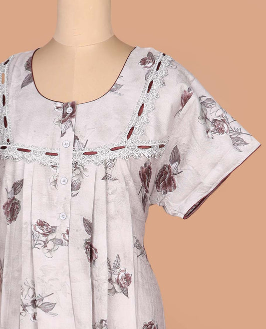 Beige floral printed with lace embroidered half-sleeve round neck cotton nighty
