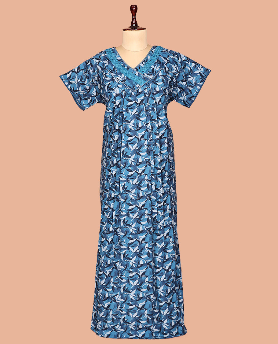 Blue V Neck Cotton-Blended Nighty