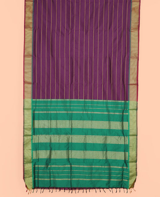 Purple Plain Ten-Yard Art Silk Saree Elevated with Neli Stripes, Complemented by a Contrast Traditional Ara Maadam Border, and Pallu Featuring Traditional Ara Maadam and Zari Designs