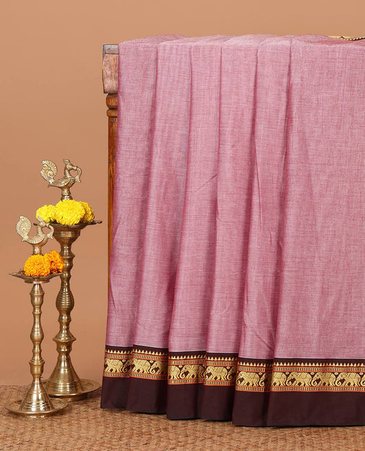 Pink plain design masraise cotton saree, contrast border of temple & elephant designs & striped pallu
