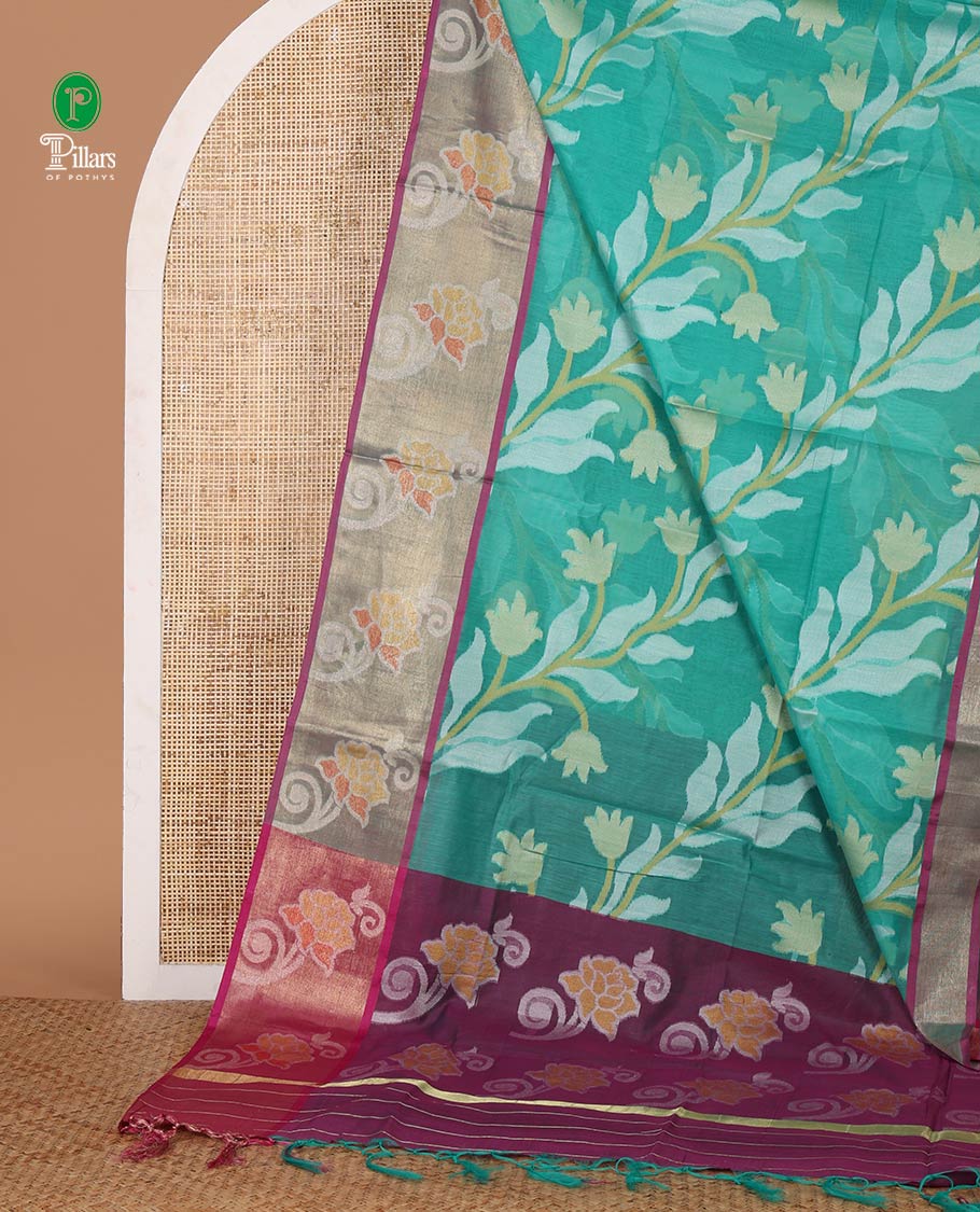 Rama green pochampally-style floral thread-woven chanderi cotton saree, contrast floral zari border & floral design pallu, plain blouse