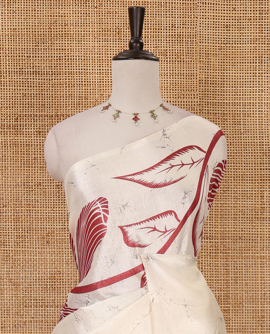 Borderless cream-pink batik-style floral printed khadi cotton saree, printed pallu & printed blouse