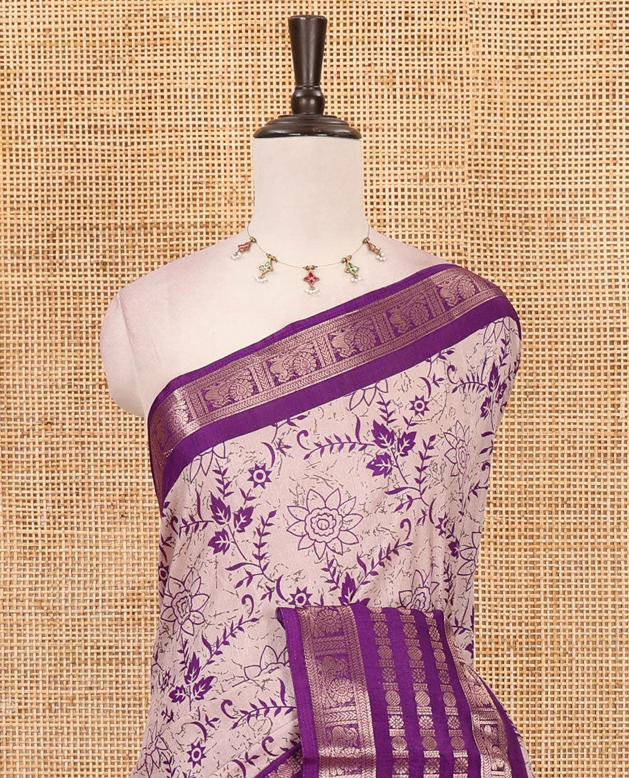 Purple floral printed dola silk saree,  contrast traditional zari rettai pettu border, pallu of paisley-floral print & contrast blouse of print & zari border