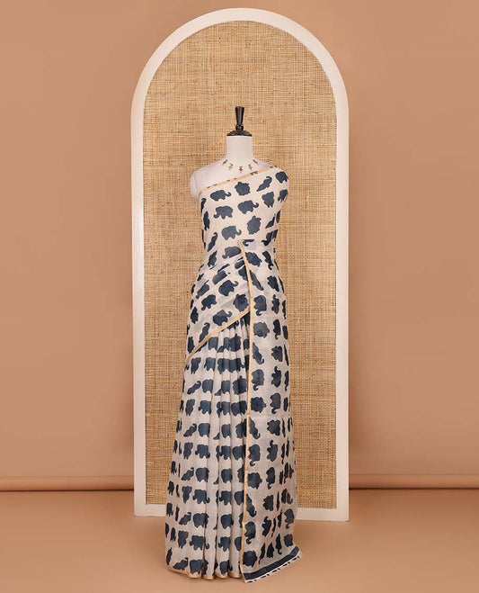 Borderless cream-blue elephant motifs printed linen cotton saree, matching elephant motifs printed blouse