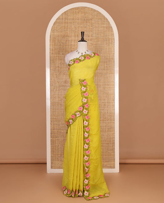 Parrot green full-plain crunchy crushed saree, scallop floral creeper thread embroidered border, and floral embroidered matching blouse