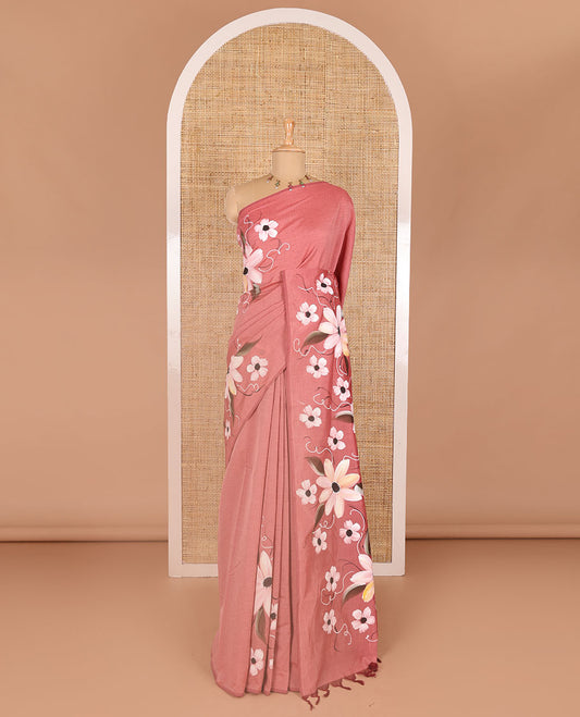 Borderless pink hand painting style floral printed South cotton saree, floral printed pallu, and a matching floral printed blouse