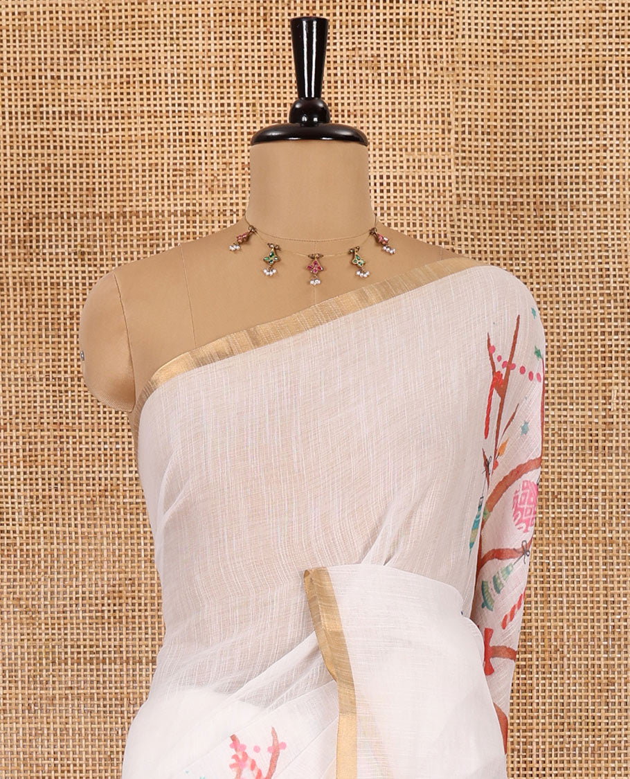 Borderless white Christmas-theme Jingle bells, and reindeer motifs printed linen cotton saree, Chirtmas theme digital printed pallu, and a cherry motifs printed blouse