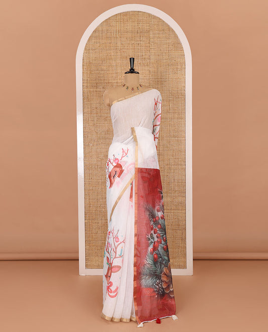 Borderless white Christmas-theme Jingle bells, and reindeer motifs printed linen cotton saree, Chirtmas theme digital printed pallu, and a cherry motifs printed blouse